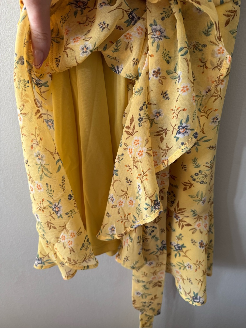 Yellow Floral Wrap Dress with Flutter Sleeves - Picture 5 of 5